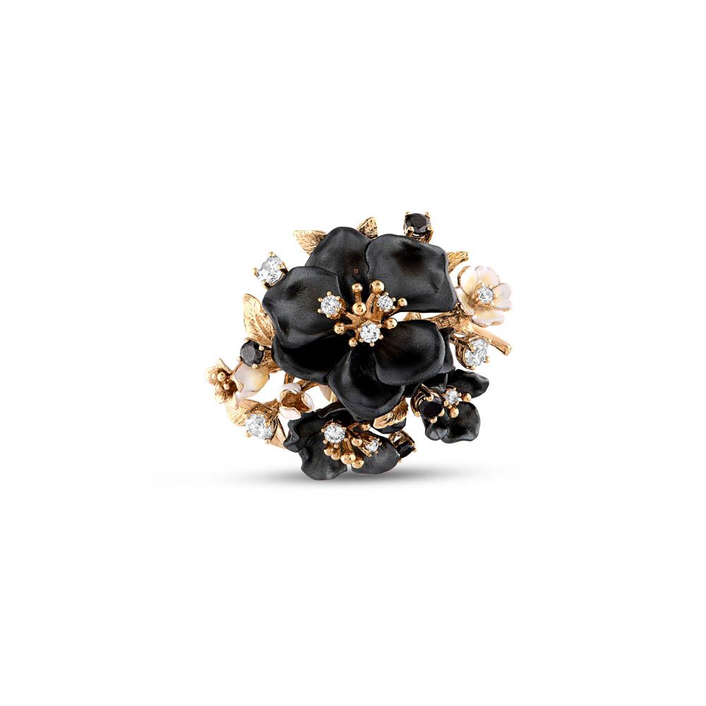 Primrose Black Floral Design Model-2 Enamel Silver Brooch