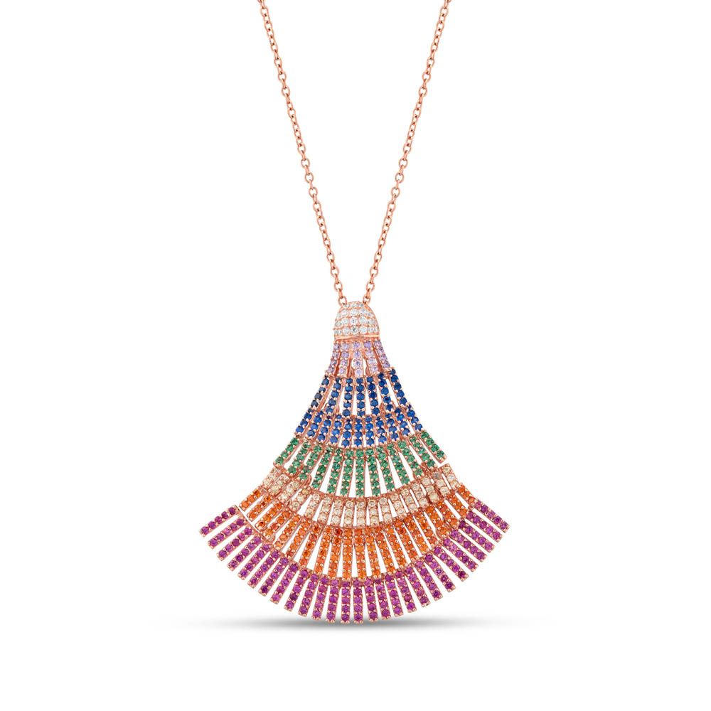 Колье из серебра с розовым покрытием и цветными камнями Rainbow Collection в форме веера