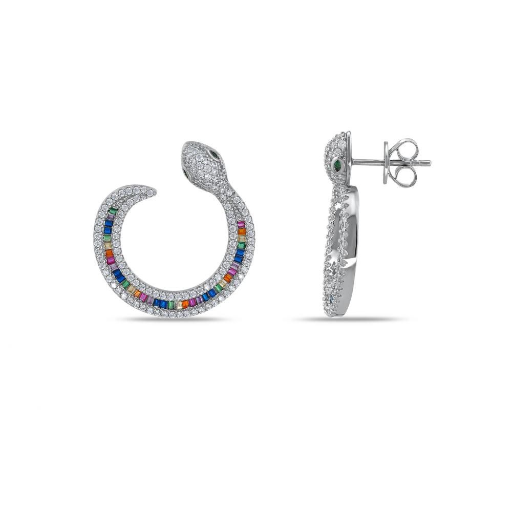 Серьги-кольца Rainbow Collection с багетными камнями в виде радуги и змеи из серебра