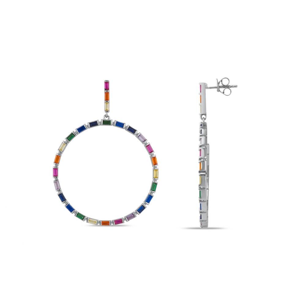 Rainbow Koleksiyonu Çok Renkli Baget Taşlı Modern Halka Gümüş Küpe