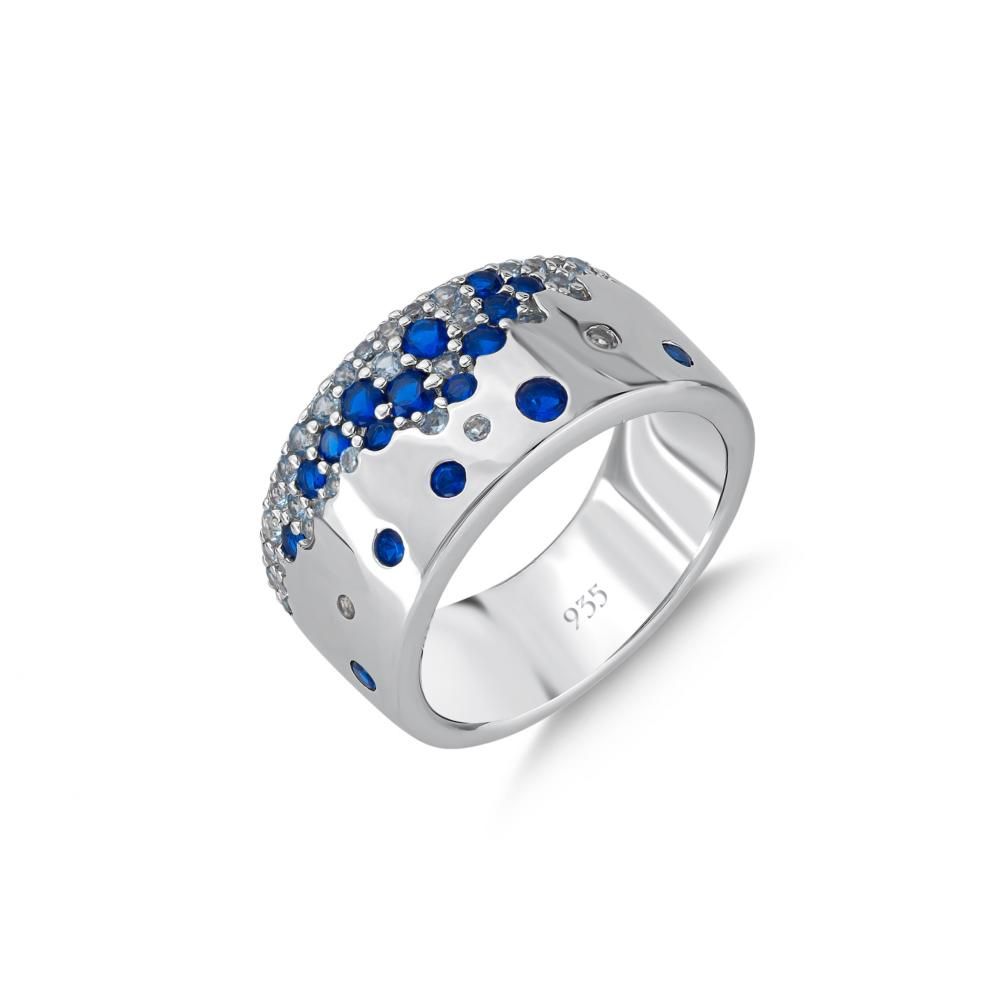 Rainbow Collection Blue &amp; White Round Stone Silver Ring