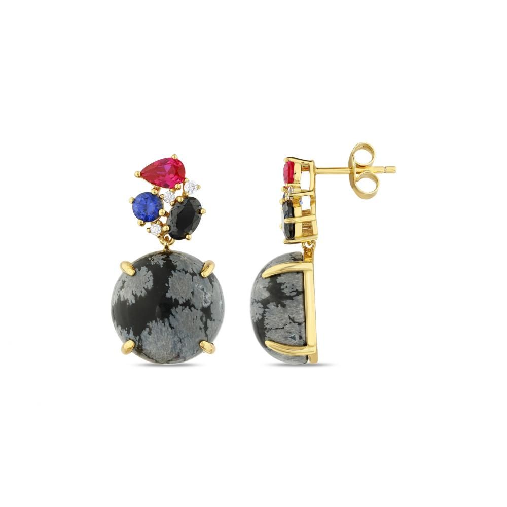 Gold Plated Snow Flower Stone and Colorful Zircon Cluster Silver Earrings