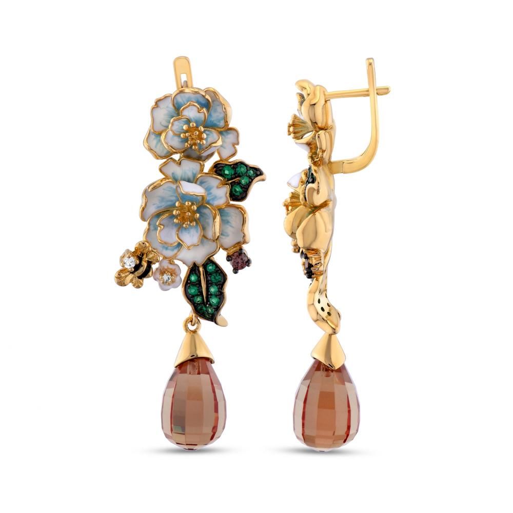 Серьги из серебра с эмалью Zultanite Collection, дизайн «Цветок и пчела»
