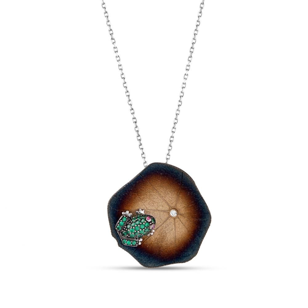 Global Warming Water Lily Leaf and Green Frog Design Silver Necklace