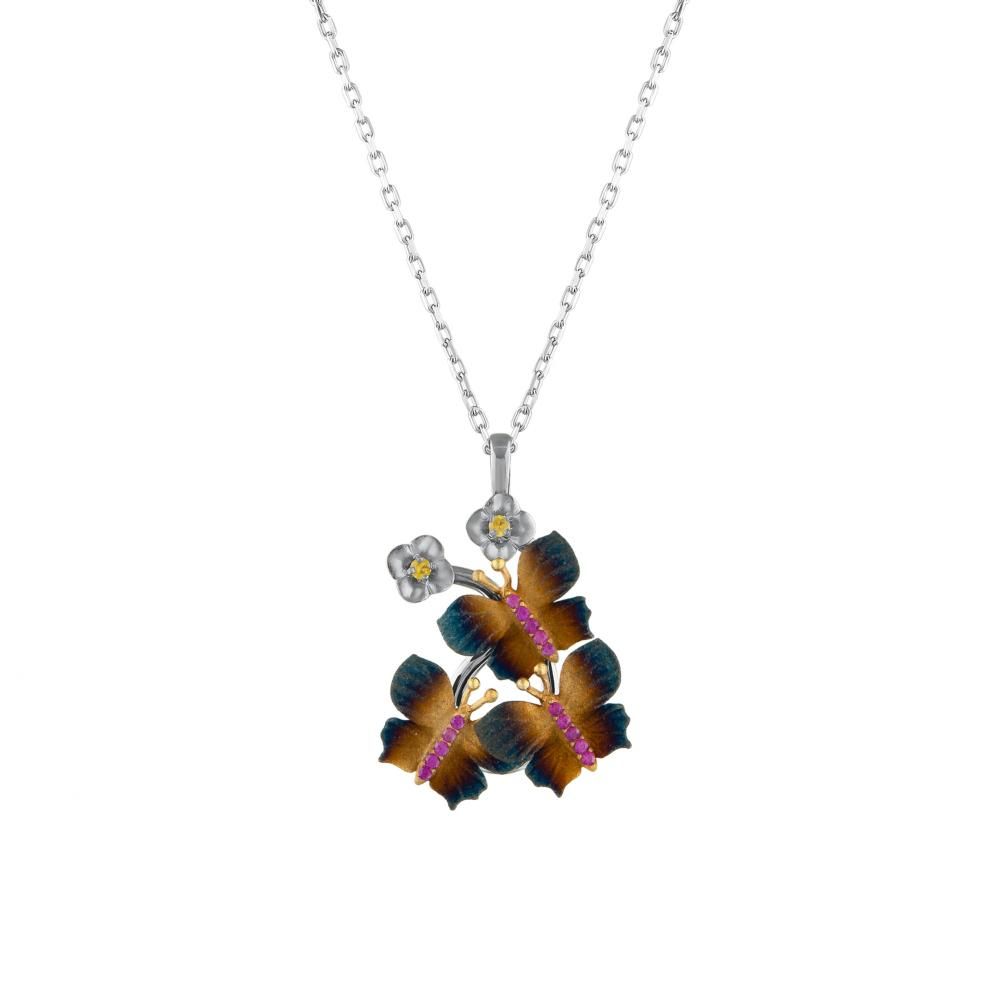 Global Warming Burnt Enamel Triple Butterfly and Flower Figured Necklace