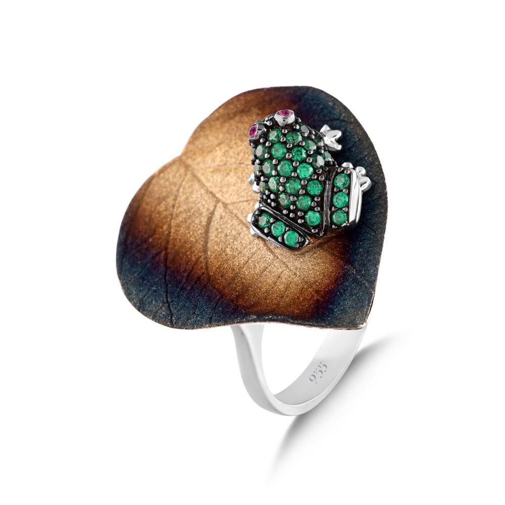 Global Warming Leaf and Green Frog Design Silver Ring