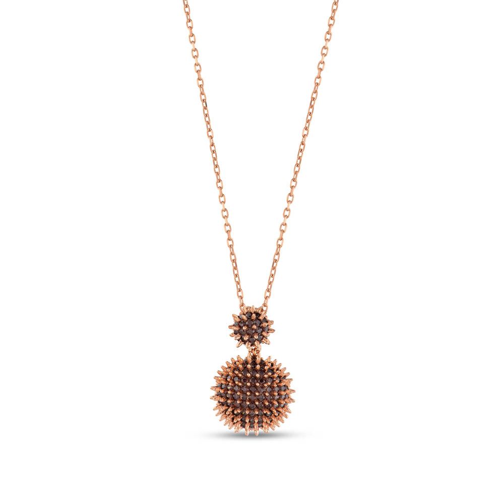 Hedgehog Kahverengi Yarım Top-Altı Düz Rose Altın Renkli Gümüş Kolye