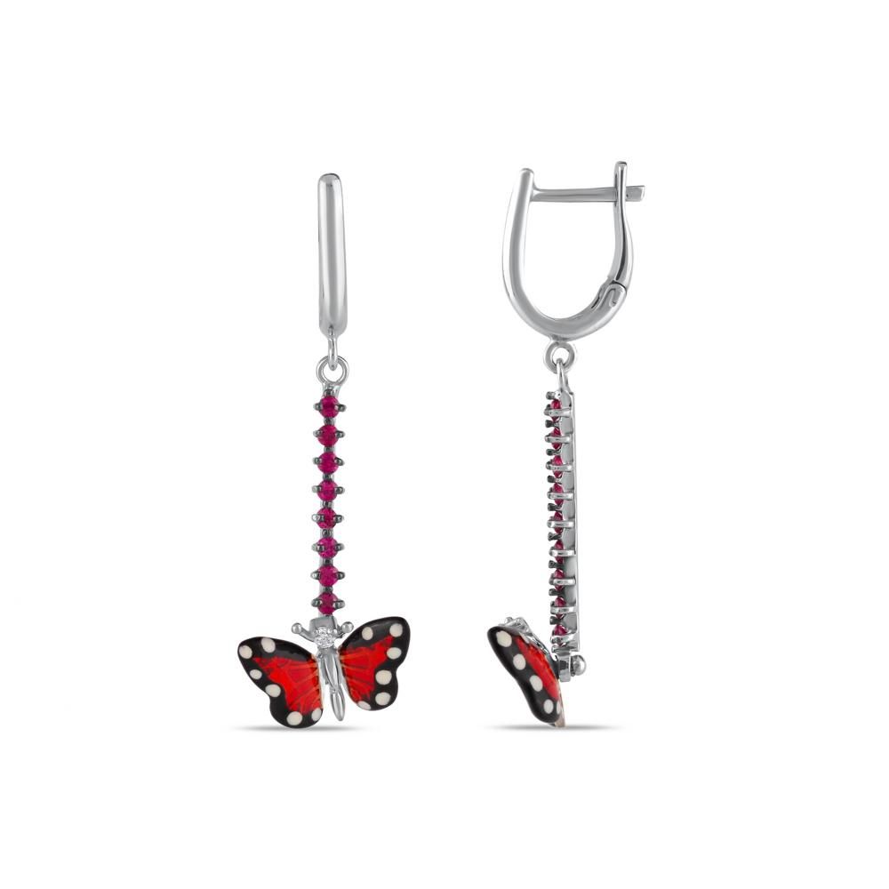 Monarch Butterfly Red Enamel Butterfly Figure Pink Stone Dangle Silver Earring