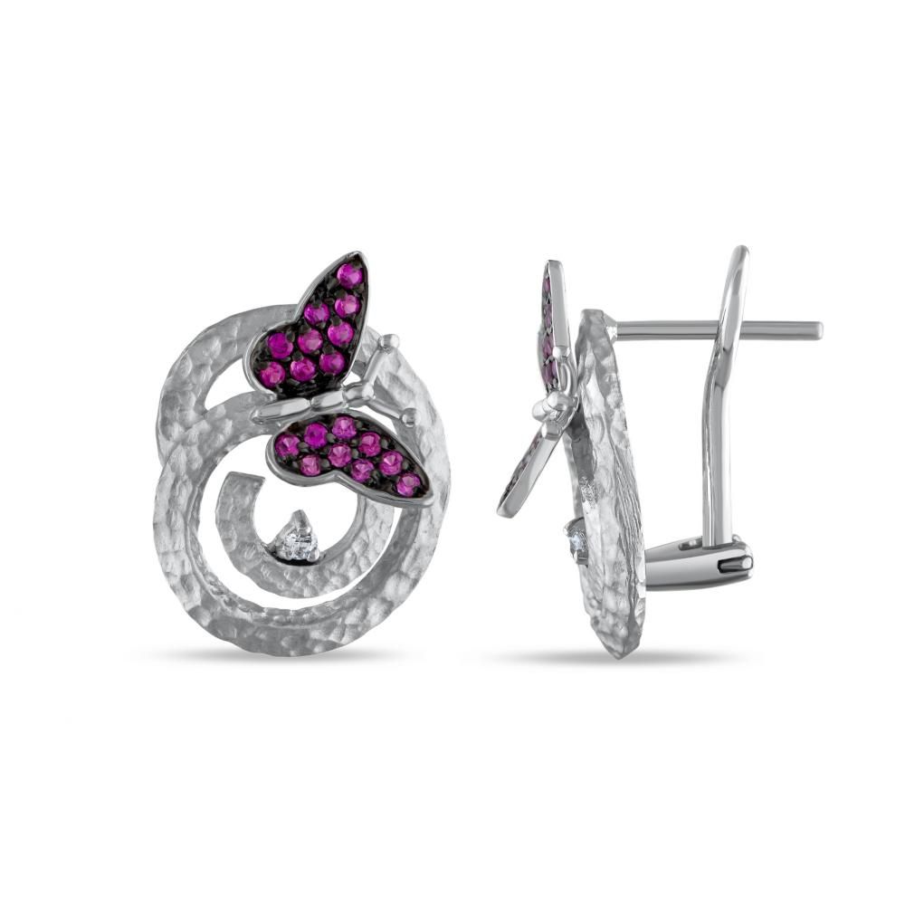 Monarch Butterfly Pink Stone Butterfly Figure Silver Textured Earrings