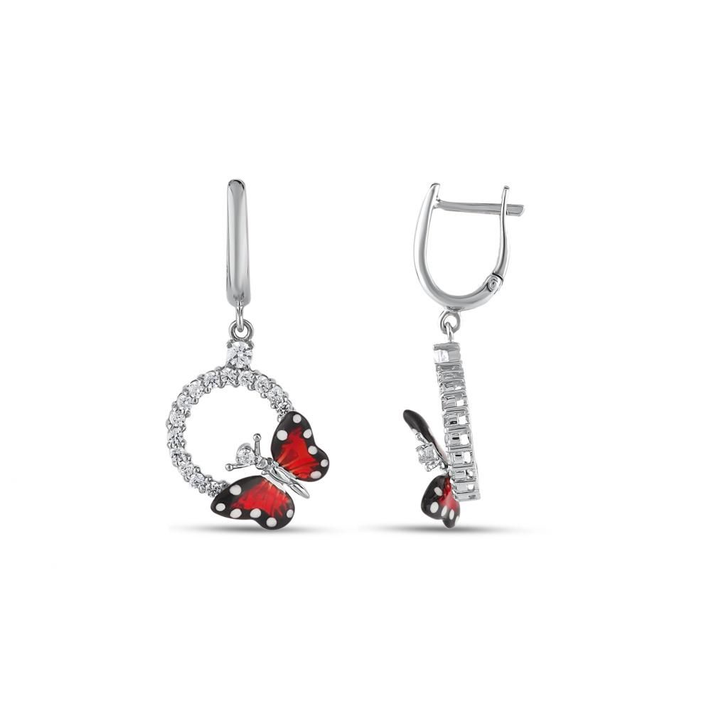 Monarch Butterfly Red Enamel Butterfly Figure White Stone Hoop Dangle