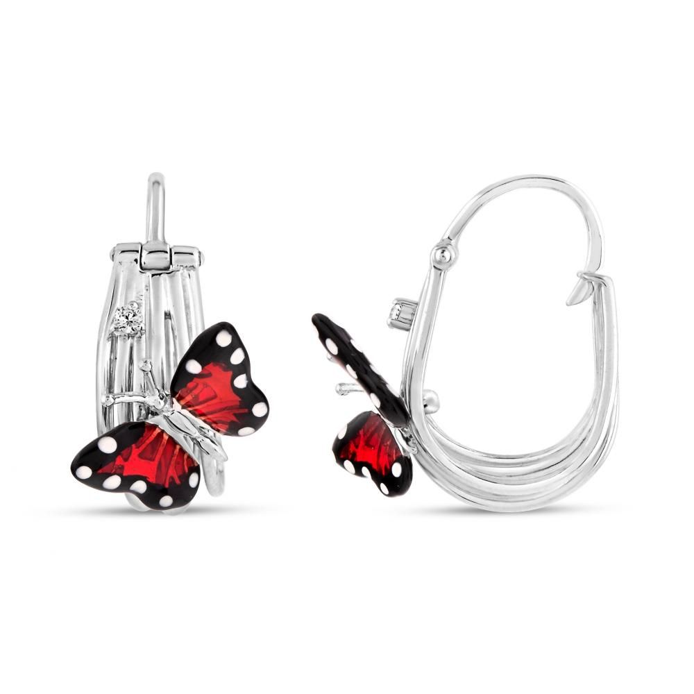 Monarch Butterfly Red Enamel Butterfly Figure Textured Wide Silver Hoop E