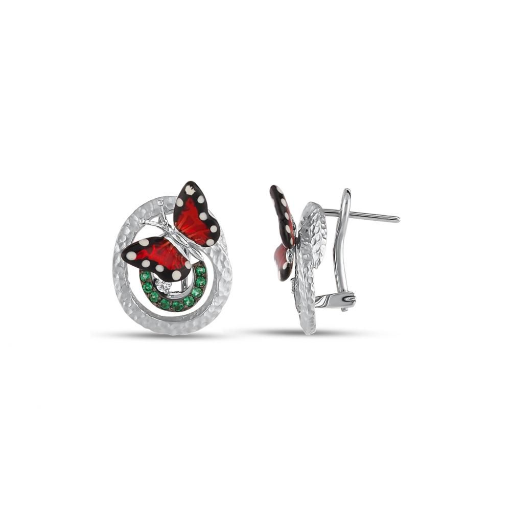 Monarch Butterfly Red Enamel Butterfly Figure Green Stone Silver Earring