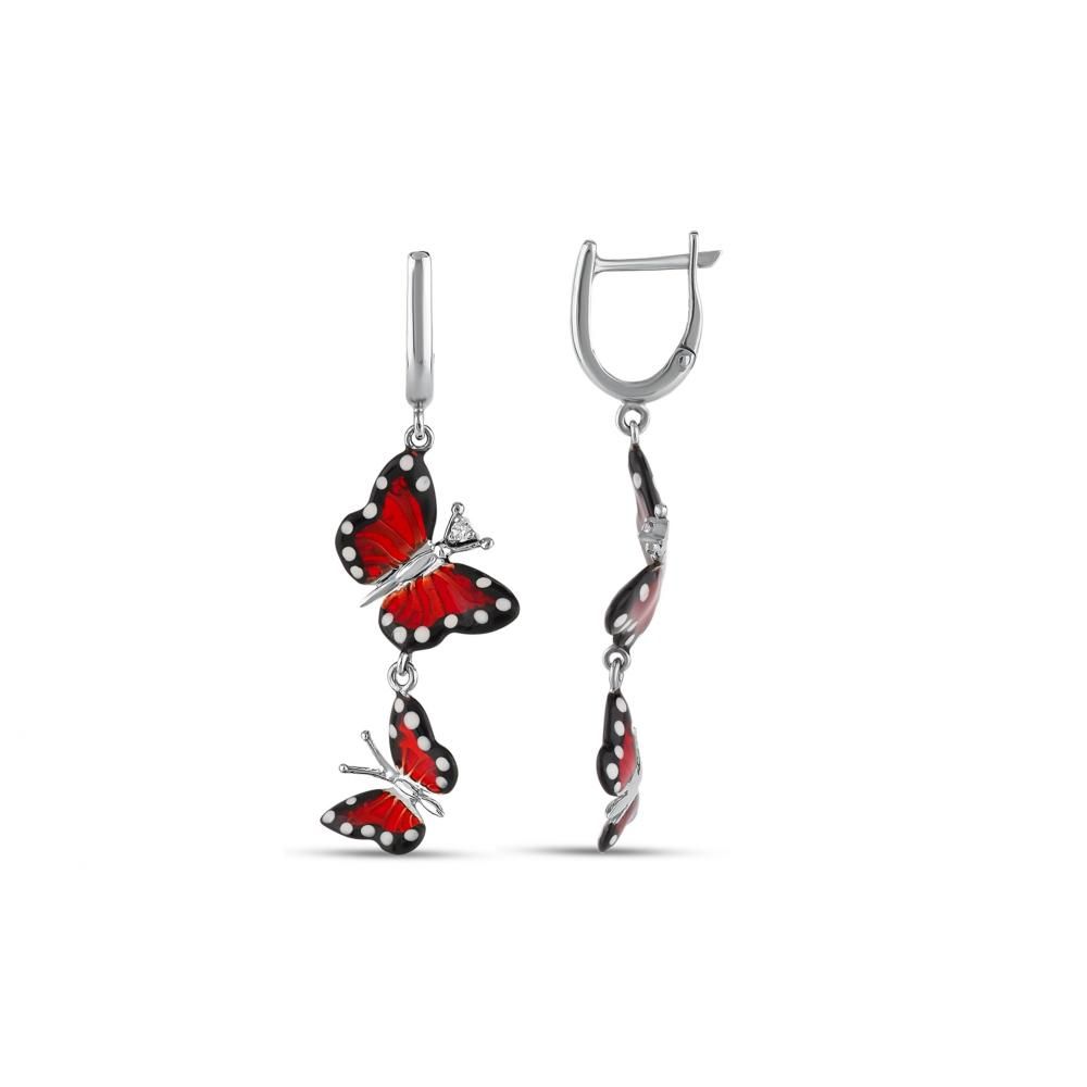 Monarch Butterfly Red Enamel Double Butterfly Dangle Silver Earring