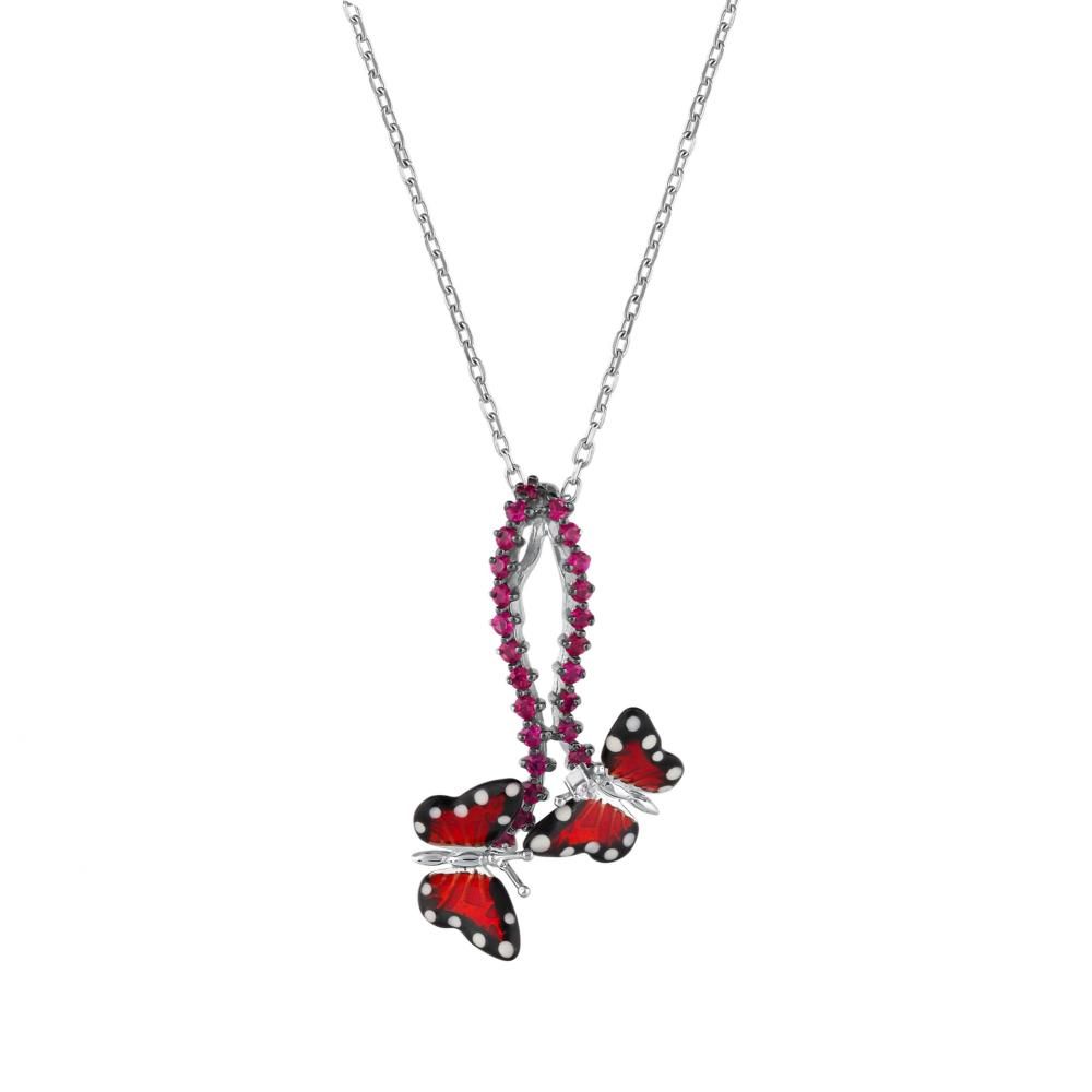 Monarch Butterfly Red Enamel Double Butterfly Figure Pink Stone Silver Necklace