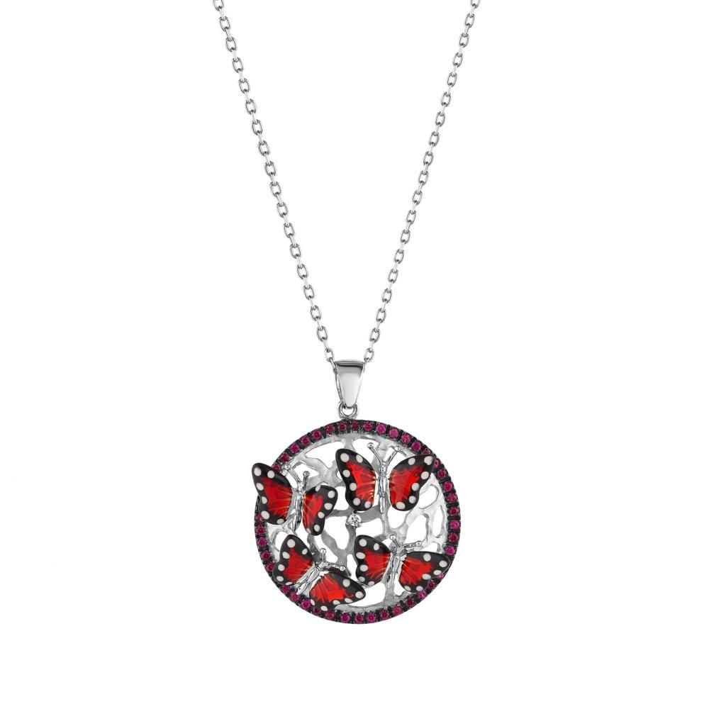 Monarch Butterfly Red Enamel Multi-Butterfly Figure with Pink Stone Frame