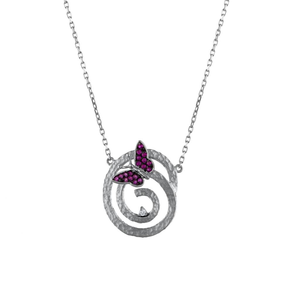 Monarch Butterfly Pink Stone Butterfly Figure Textured Silver Necklace