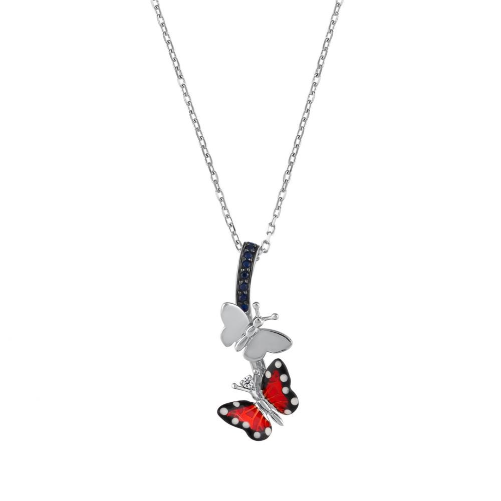 Monarch Butterfly Double Butterfly Design Navy Stone Silver Necklace