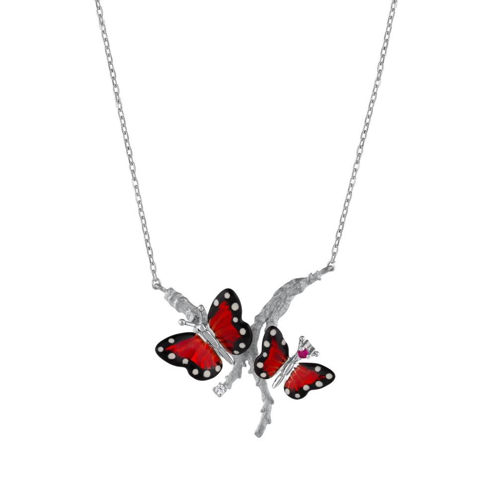 Monarch Butterfly Red Enamel Double Butterfly Figurine Branch Design Silver