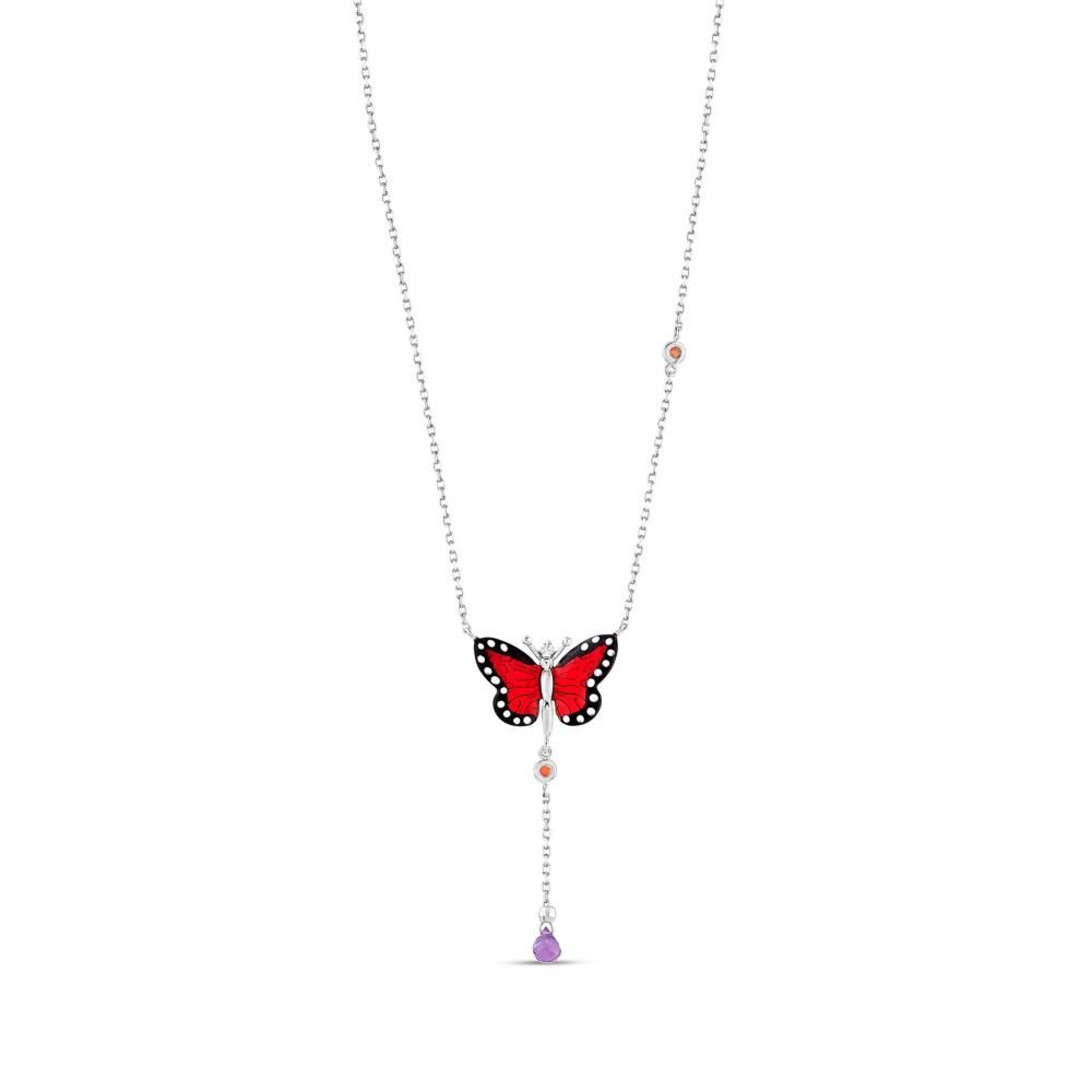 Monarch Butterfly Kırmızı Mineli Kelebek Figürlü Turuncu ve Mor Taşlı Gümüş