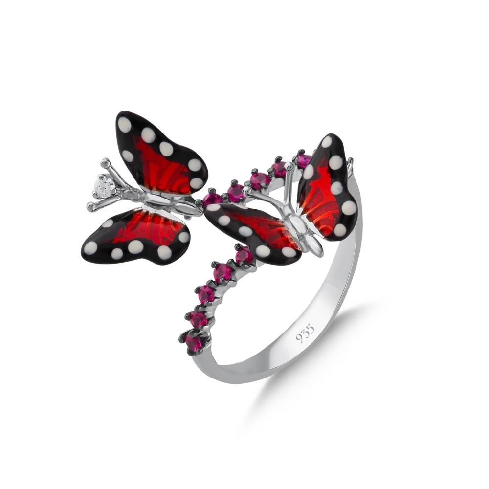 Monarch Butterfly Double Butterfly Design Pink Zircon Stone Silver Ring