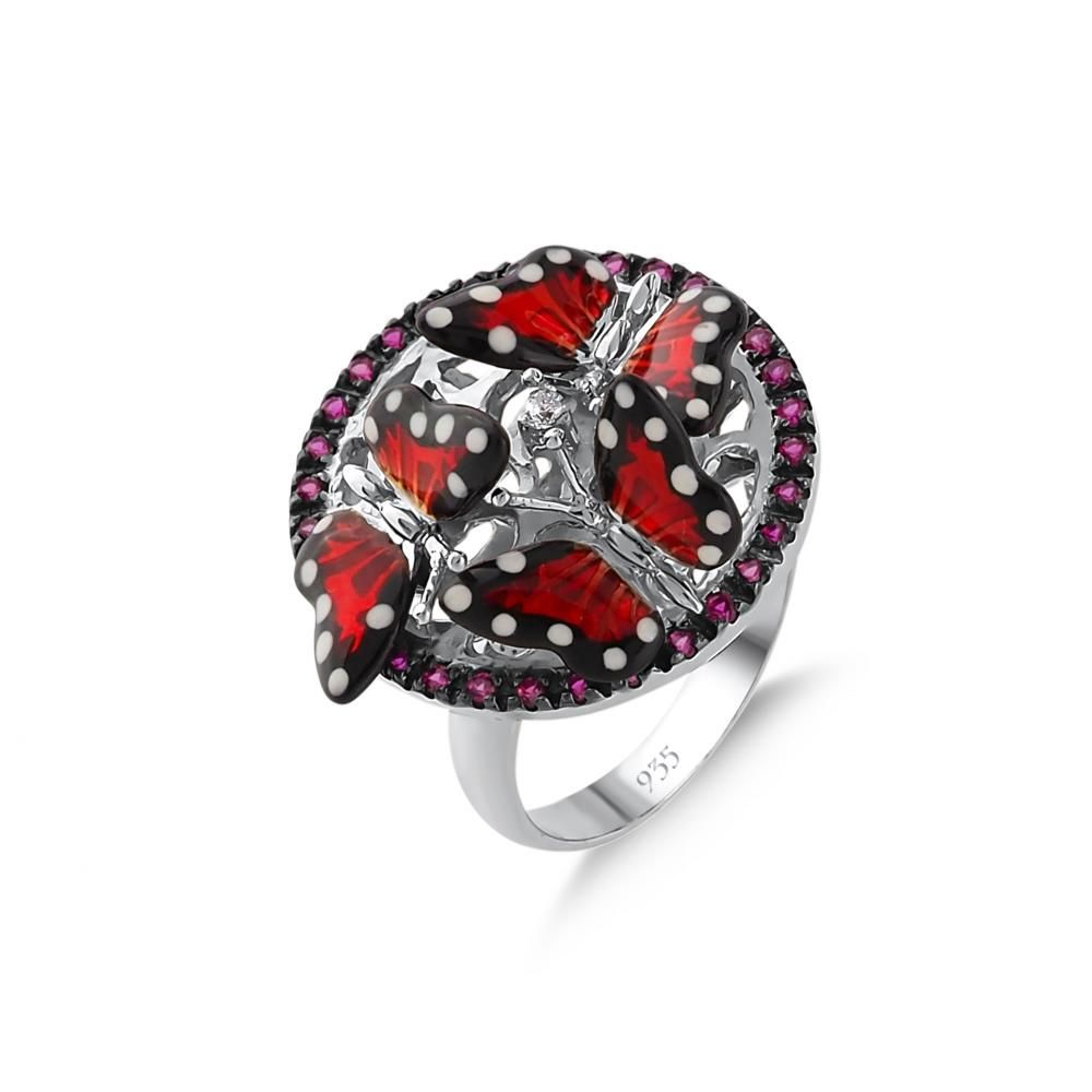 Monarch Butterfly Enamel Triple Butterfly Pink Stone Silver Ring