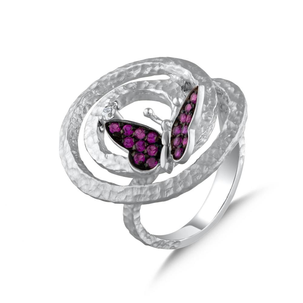 Monarch Butterfly Pink Stone Butterfly Figure Textured Silver Ring
