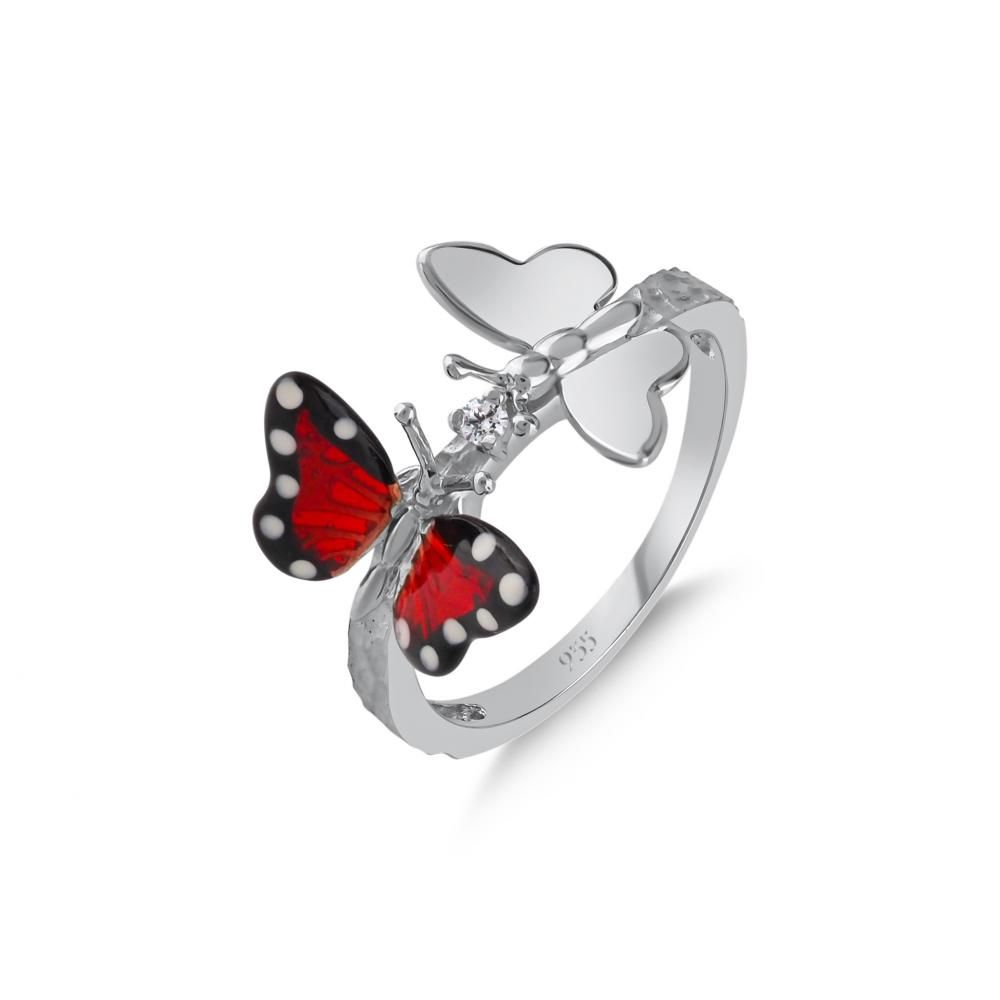 Monarch Butterfly Red Enamel and Silver-Tone Double Butterfly Figure Ring