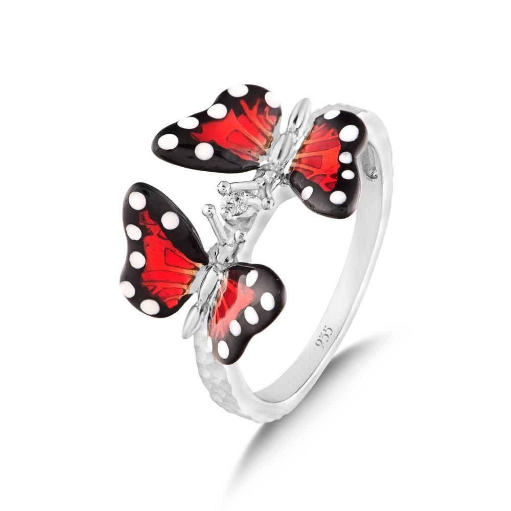 Monarch Butterfly Mineli İkili Kelebek Figürlü Gümüş Yüzük