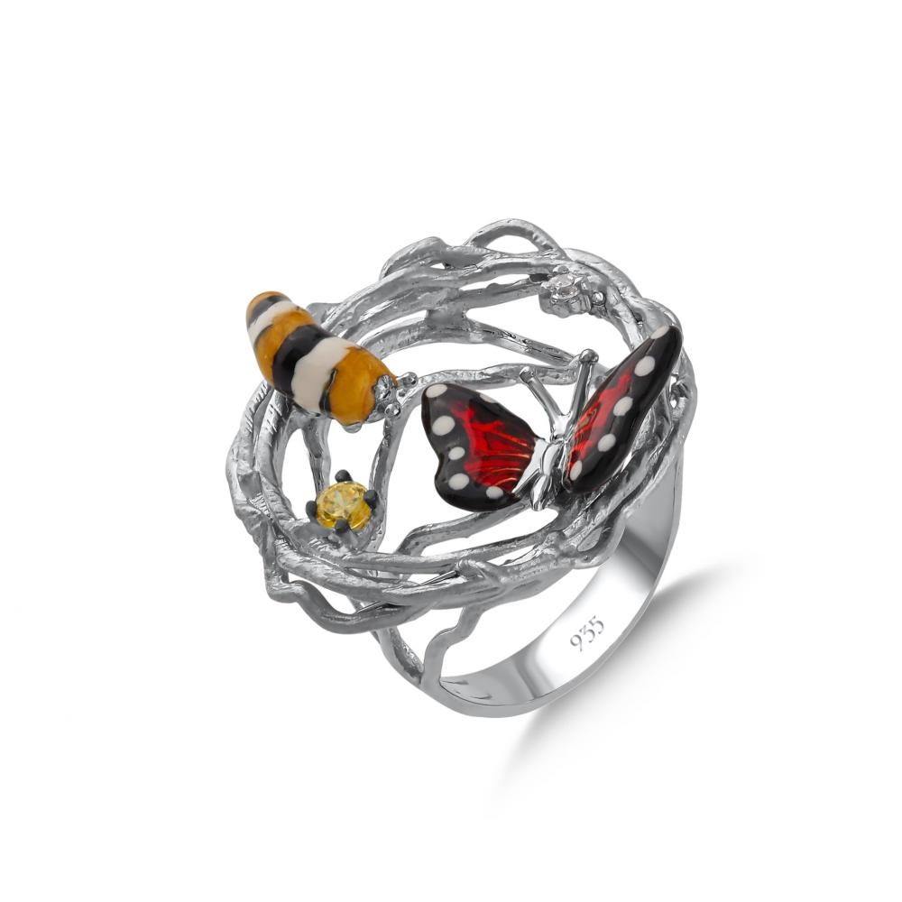 Monarch Butterfly Bee and Butterfly Figured Enamel Multi-Stone Silver Ring