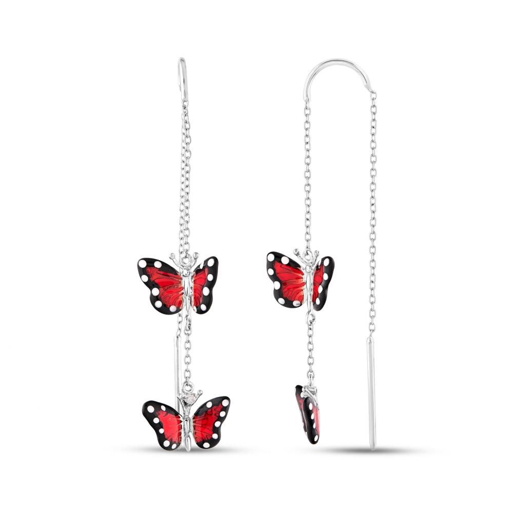 Monarch Butterfly Red Enamel Double Butterfly Figure Chain Earrings