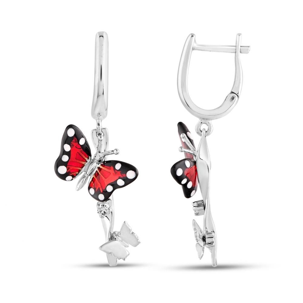 Monarch Butterfly Red Enamel Double Butterfly Dangle Silver Earring