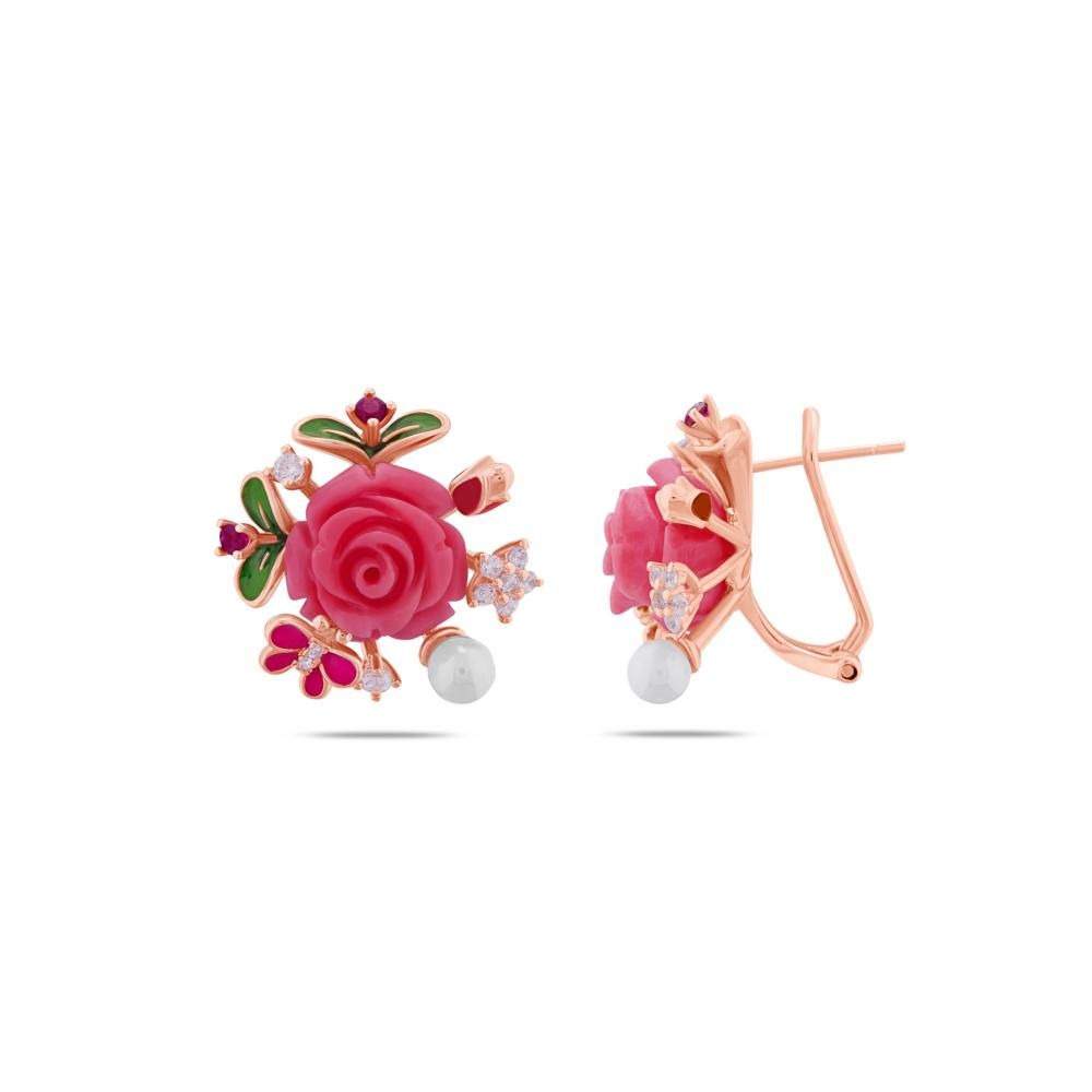 Rosered Rose Design Pearl Rose Gold Plated Silver Earrings