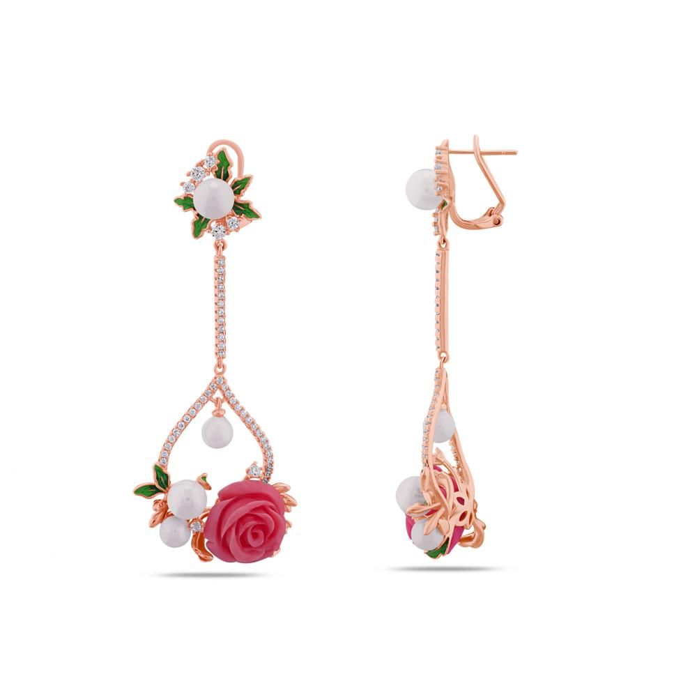 Rosered Four-Pearl Rose Design Rose Gold Plated Silver Earrings