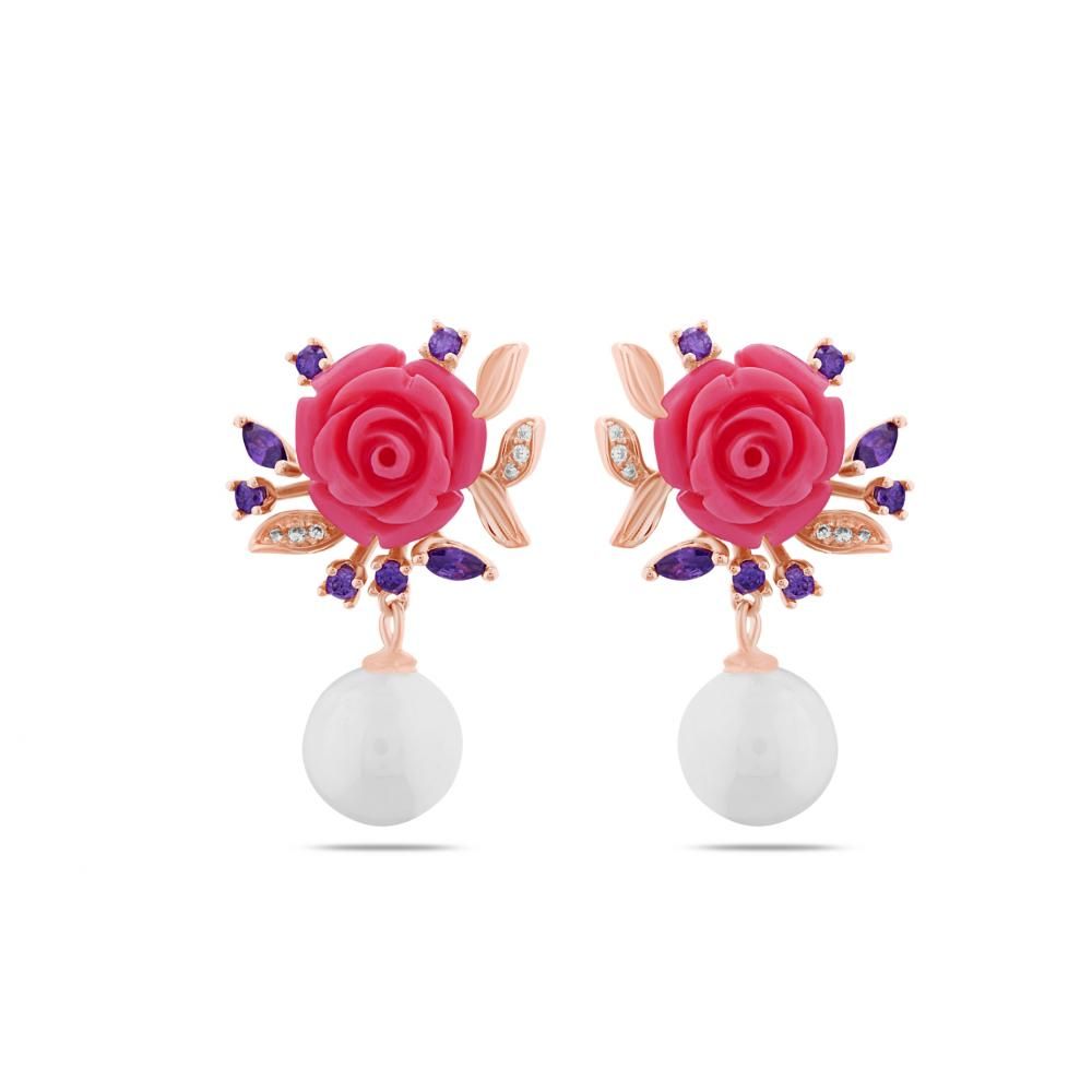 Rosered Purple Bud Rose Design Pearl Rose Gold Plated Silver Earrings