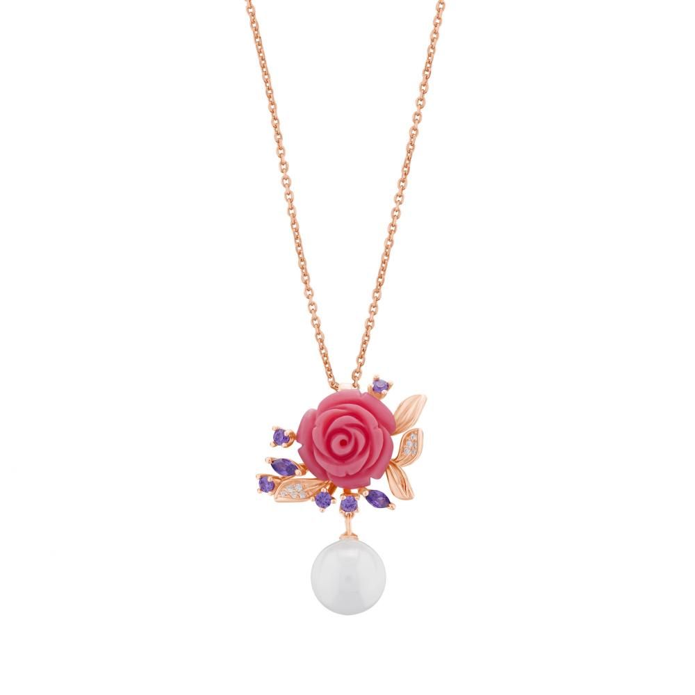 Rosered Purple Bud Rose Design Pearl Rose Gold Plated Silver Necklace