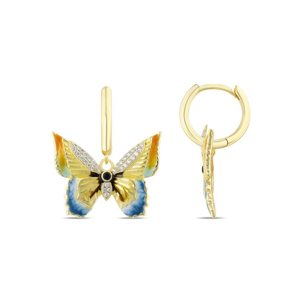 Heaven Handcrafted Yellow and Blue Enamel Dangle Butterfly Silver Earrings