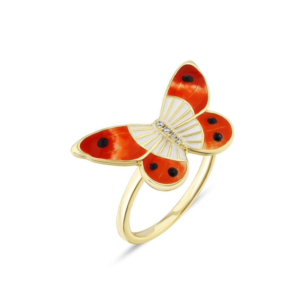 Heaven Yellow Handmade Orange Enamel Butterfly Silver Ring