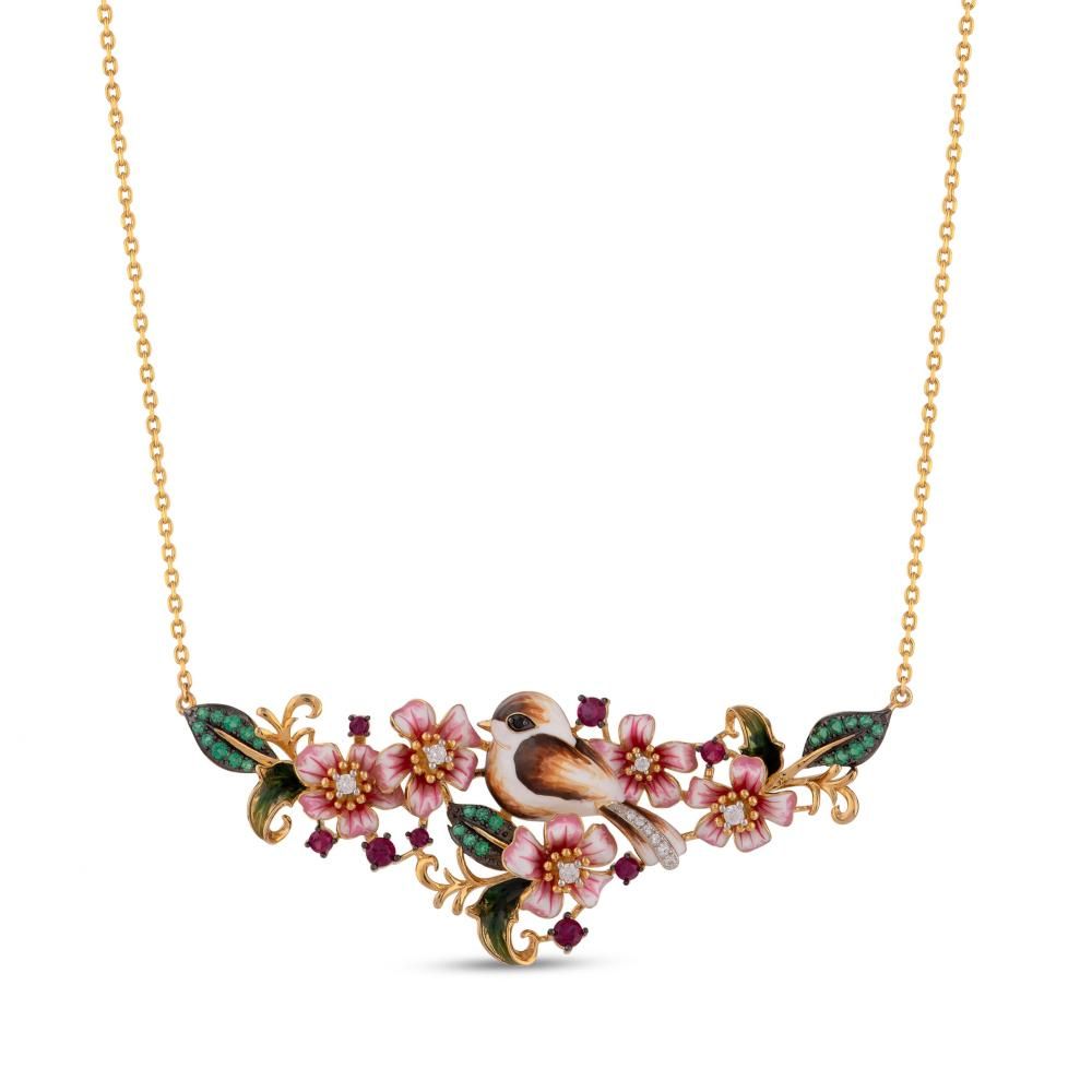 Zultanite Model-1 Flower and Bird Figured Enamelled Silver Necklace