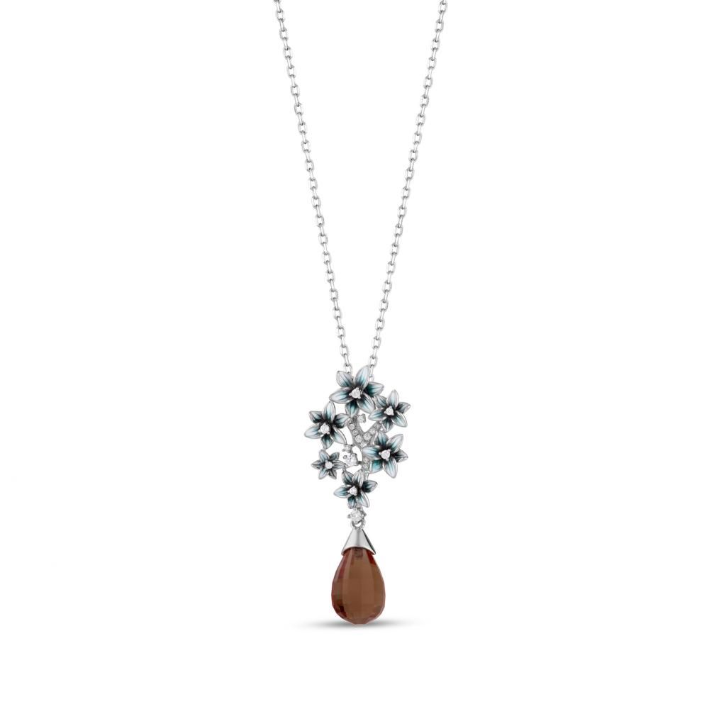 Zultanite Collection Blue Enamel Floral Bouquet and Stone Silver Necklace