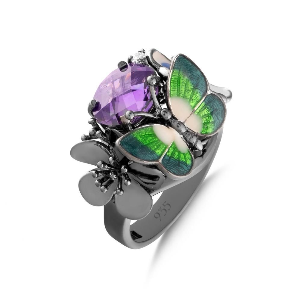 Серебряное кольцо Night Collection с зеленой эмалью, бабочкой и цветами