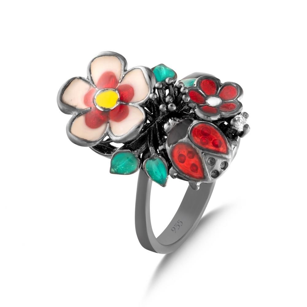 Серебряное кольцо Night Collection с эмалированным цветком и божьей коровкой
