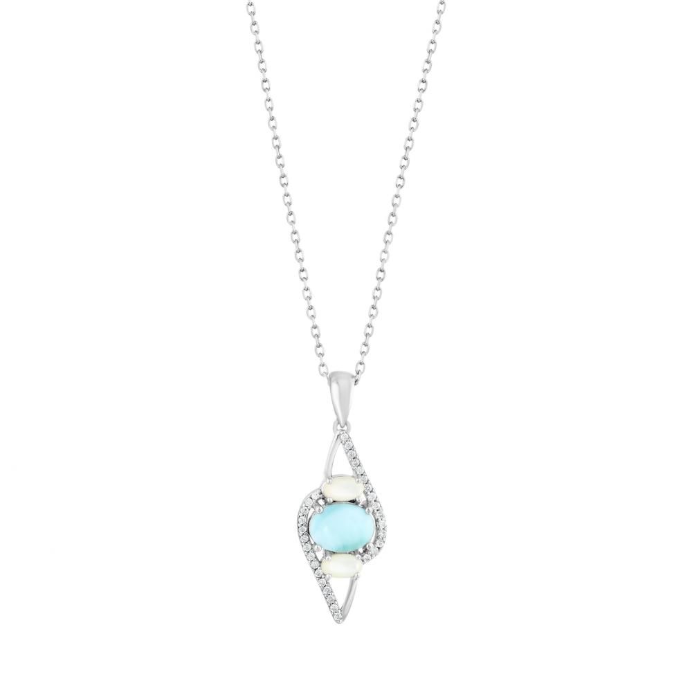 Lucky Gems Collection Natural Larimar and Mother-of-Pearl Geometric Silver Necklace