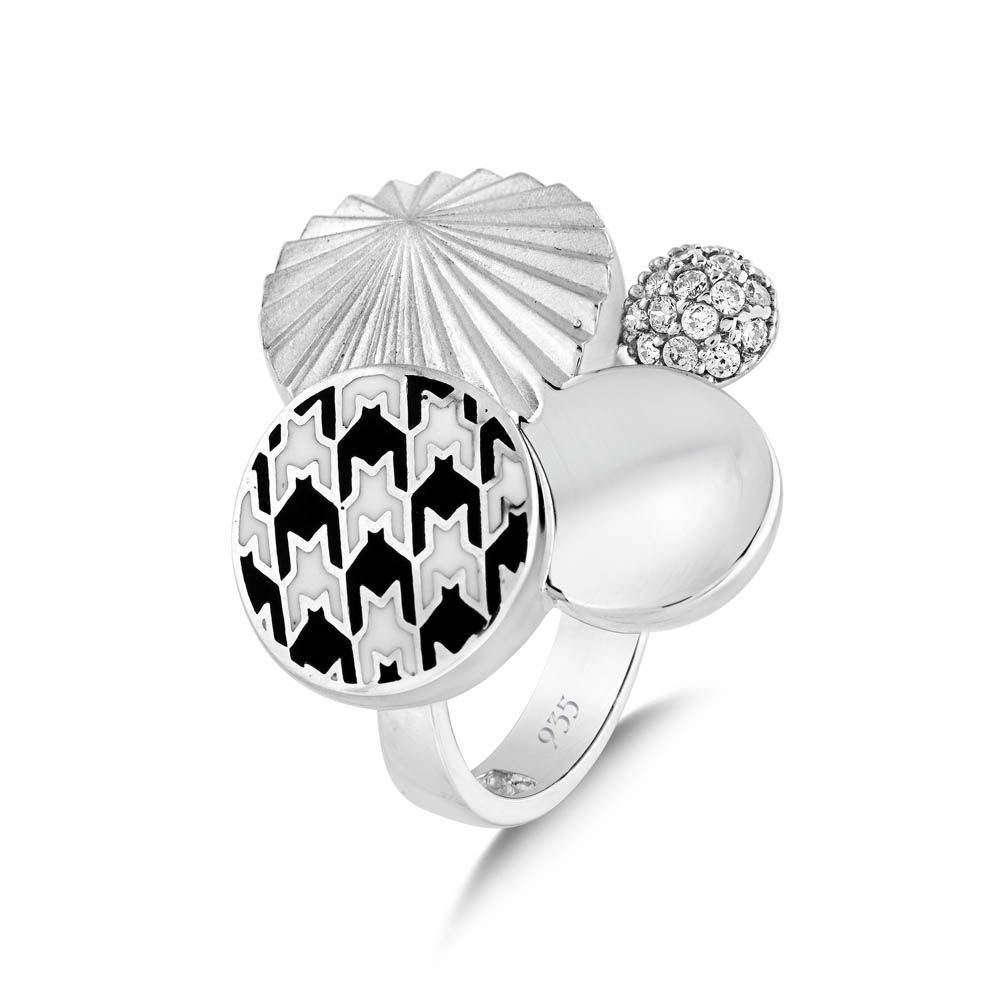 Pied De Poule Pattern Black and White Enamel Multi-Shape Silver Ring