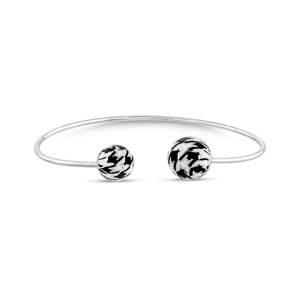 Pied De Poule Black and White Enamel Open Cuff Silver Bracelet