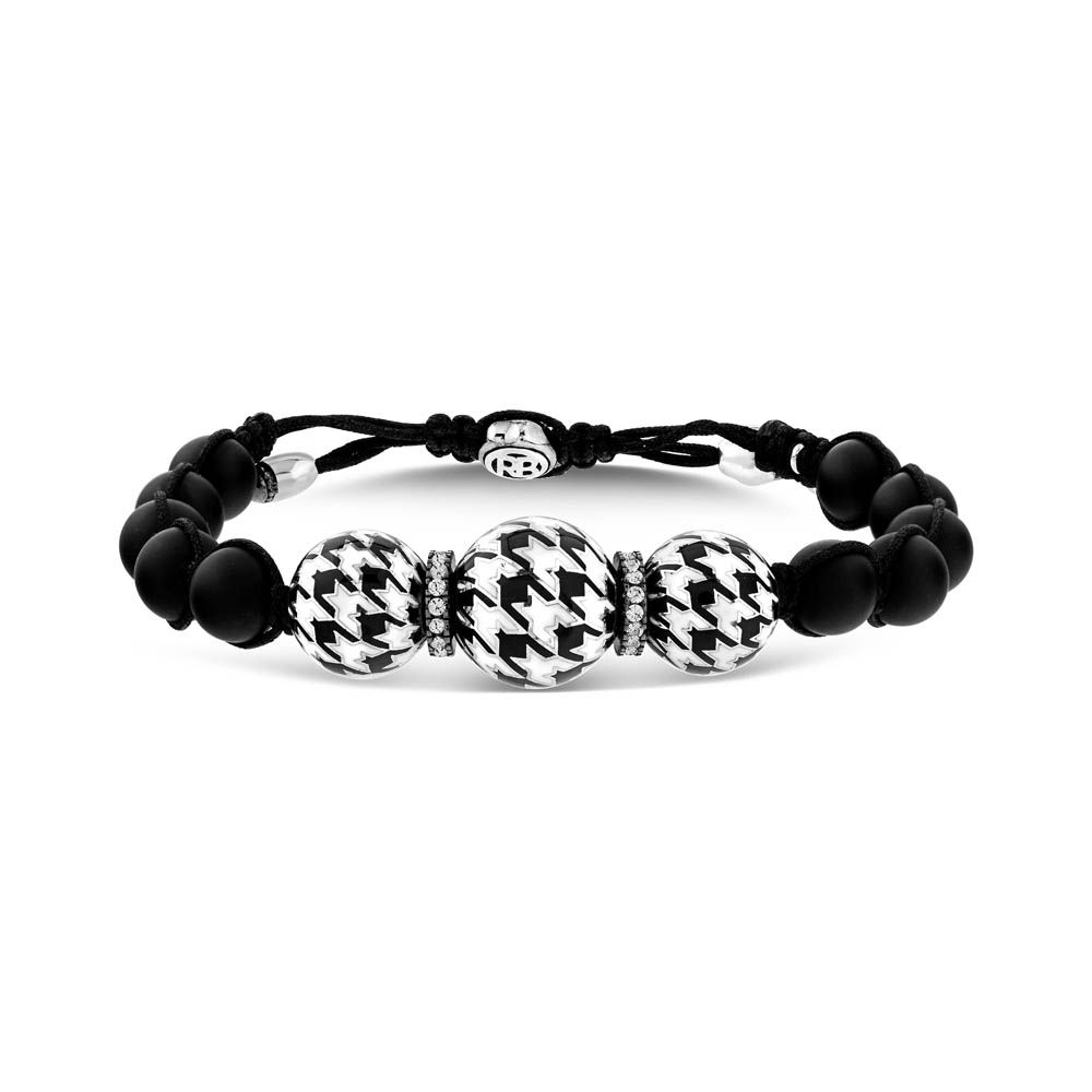 Pied De Poule Black and White Enamel Zircon Stone Matte Black Beaded Silver Bracelet