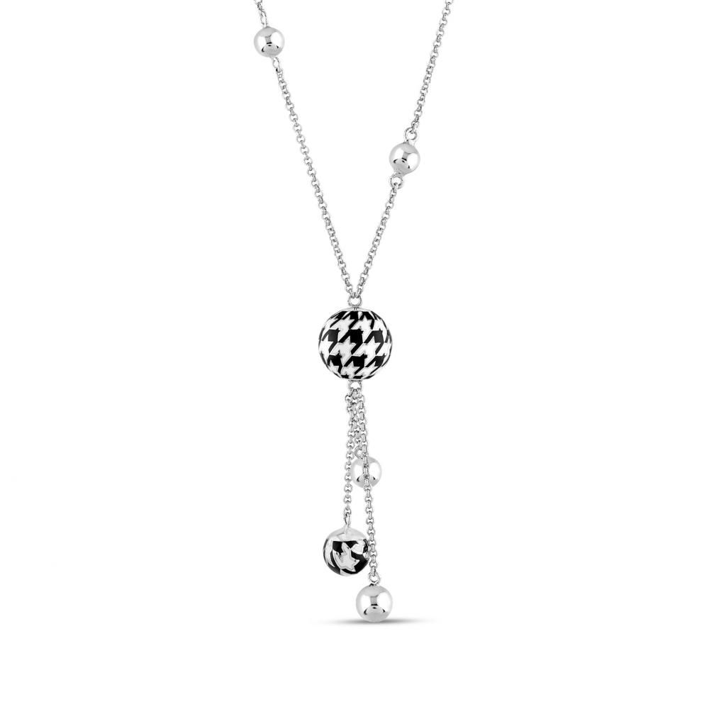 Pied De Poule Black and White Enamel Y-Shaped Silver Necklace