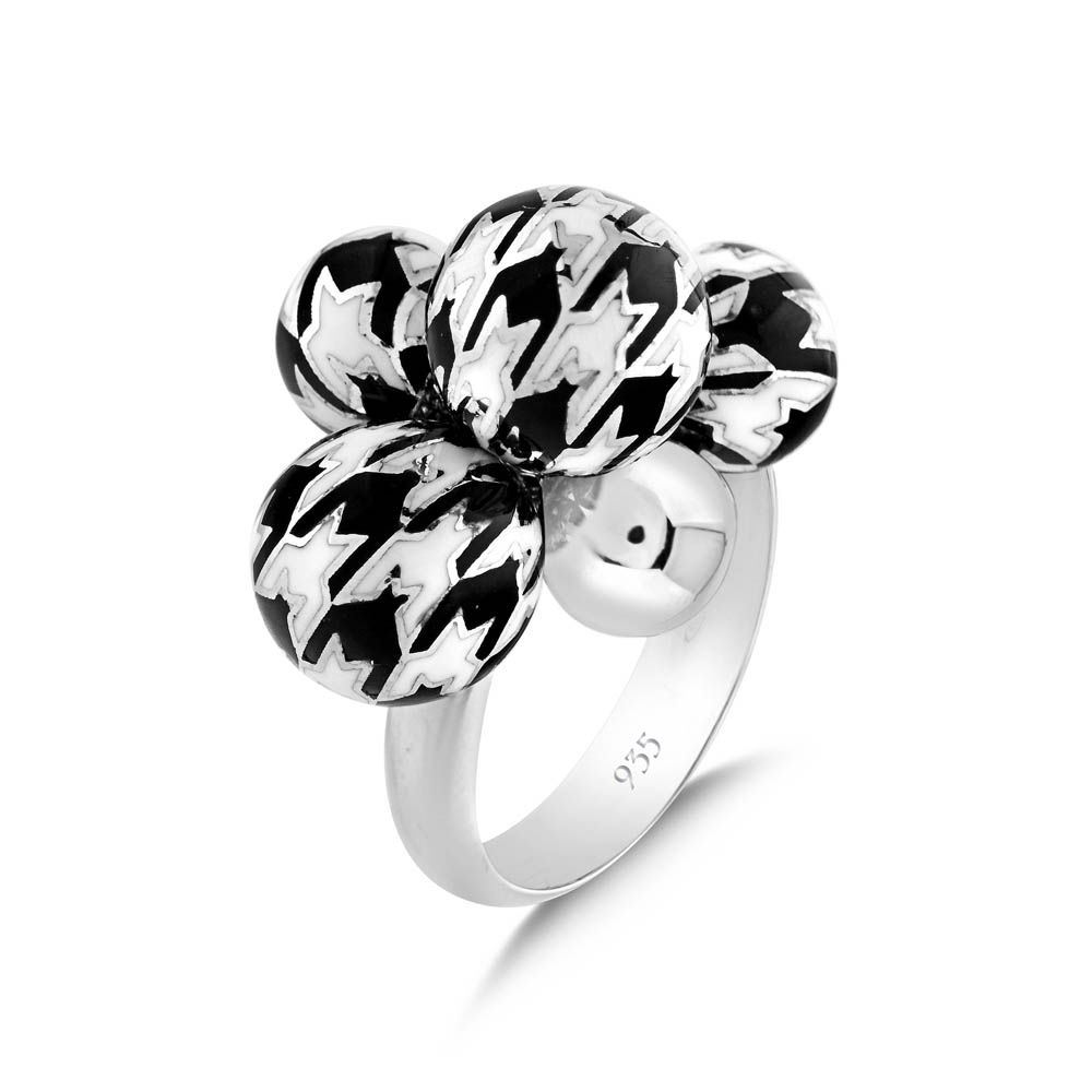 Pied De Poule Black and White Enamel Multi-Sphere Silver Ring