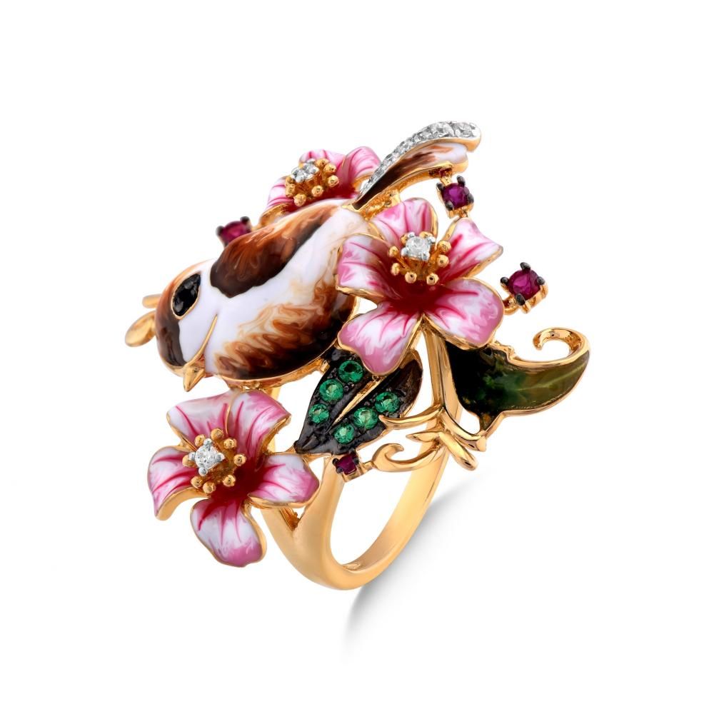 Zultanite Model-1 Flower and Bird Figured Enamel Silver Ring