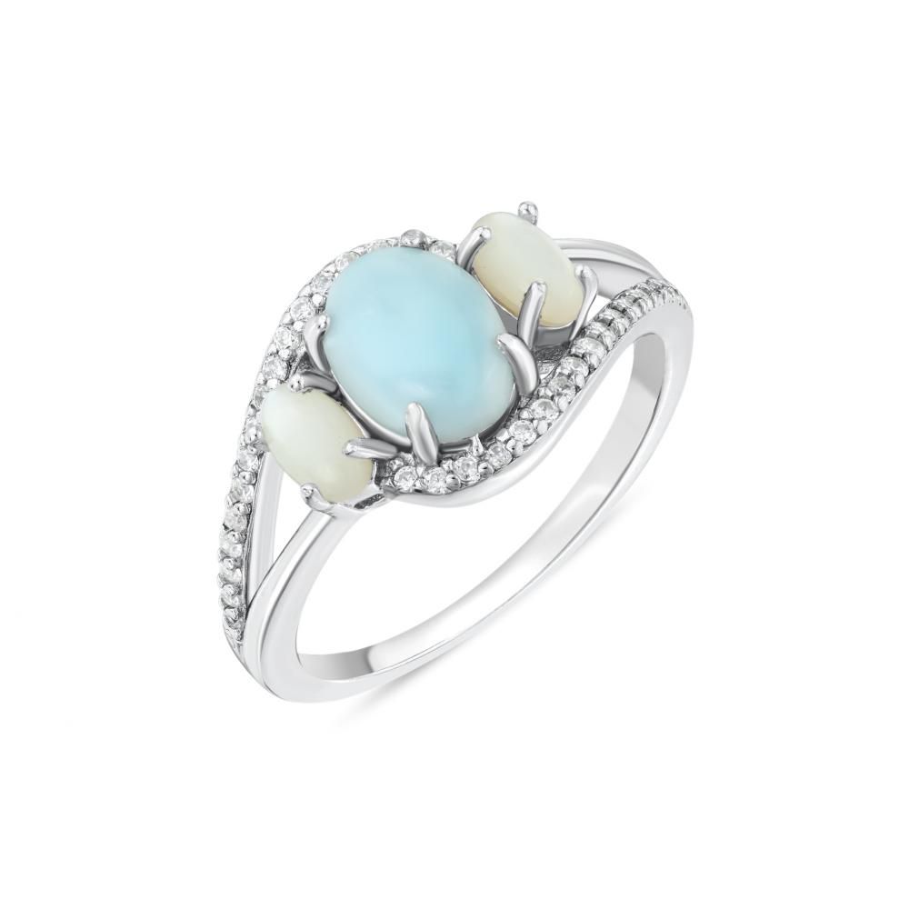 Lucky Gems Collection Natural Larimar and Mother-of-Pearl Three-Stone Silver Ring