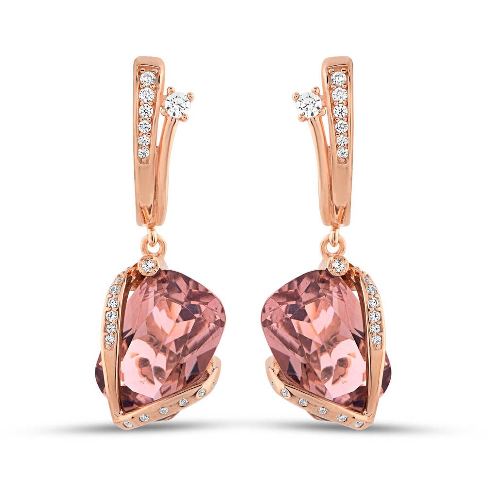 Gift Ribbon Design Cushion Cut Rose Gold Plated Silver Earrings